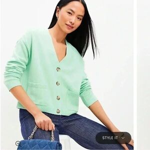 LOFT Modern V-Neck Pocket Cardigan Sparkling Jade Green S